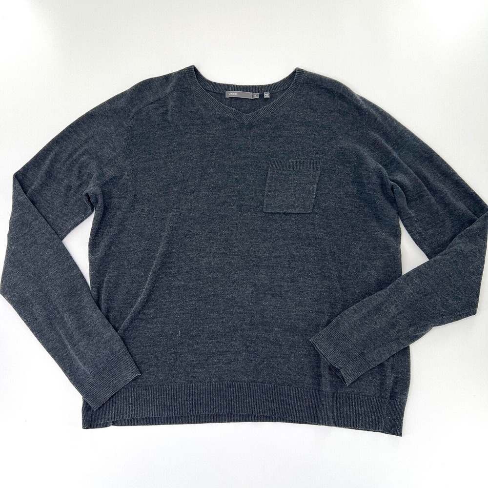 Vince Womens XL Gray Sweater V Neck Linen Blend Knitted Pullover Lightweight